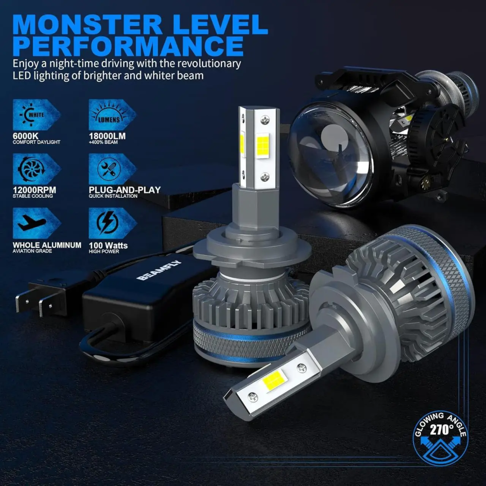 LED-лампи Beamfly H7 100 Вт 18000 лм 6000K, 12 В, комплект 2 шт., активне охолодження, для автомобільних фар Київ - фото 5