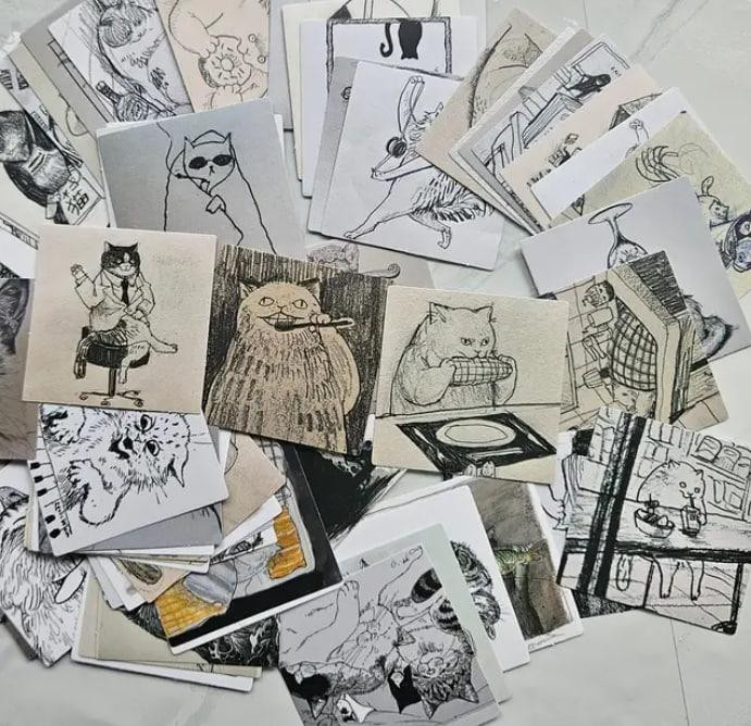 60 шт. черно-белые наклейки с эскизами кошек, смешные наклейки с котами, скикерпак кошки. Киев - изображение 5