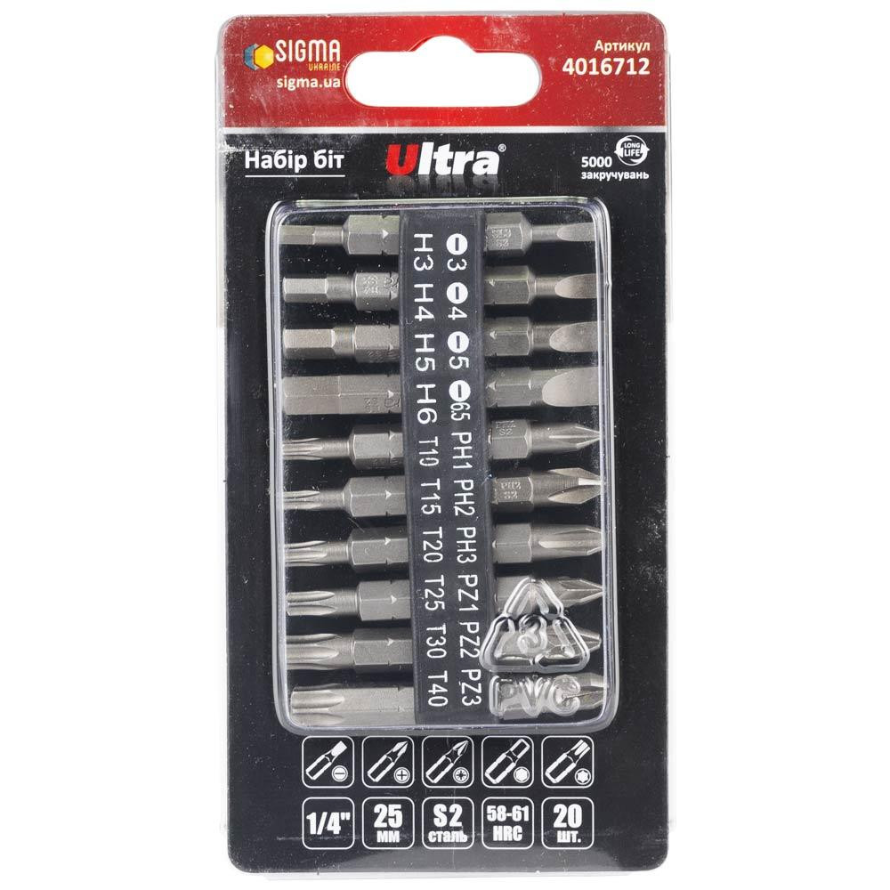 Набір біт 25 мм 1⁄4" з тримачем 20 шт S2 (блістер) ULTRA (4016712) Київ - фото 1