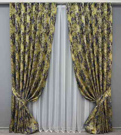 Комплект готовых штор VR-Textil Лен Премиум № 1834ш Серый с желтым 150х295 см 2 шт (33-0826) Киев