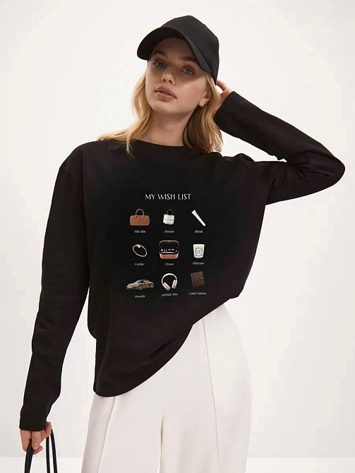 Жіночий лонгслів оверсайз із накатом "MY WISH LIST" турецький кулір Чорний Одеса - фото 4