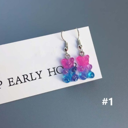 Детские серьги желейный мишка, с блетсками, розовый+голубой - размер 1,6*1см, смола Киев - изображение 1