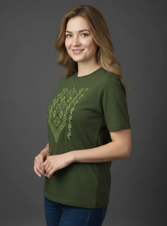 Женская Вышитая футболка - вышиванка с салатовым орнаментом в цвете хаки Киев