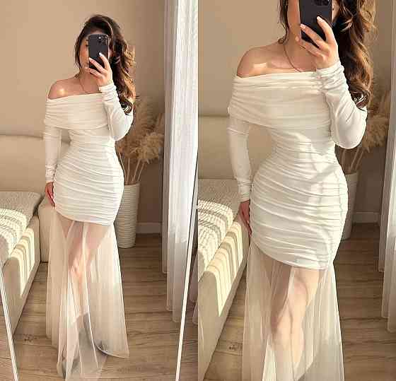 Жіночий елегантний святковий комплект плаття + спідниця мікродайвінг + сітка Білий, 46-48 Одеса