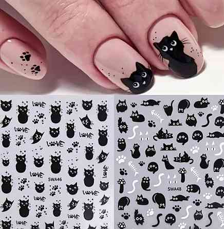 3D наклейки для ногтей «Котики» – чёрные, лист 10×8 см, 2 листа Киев