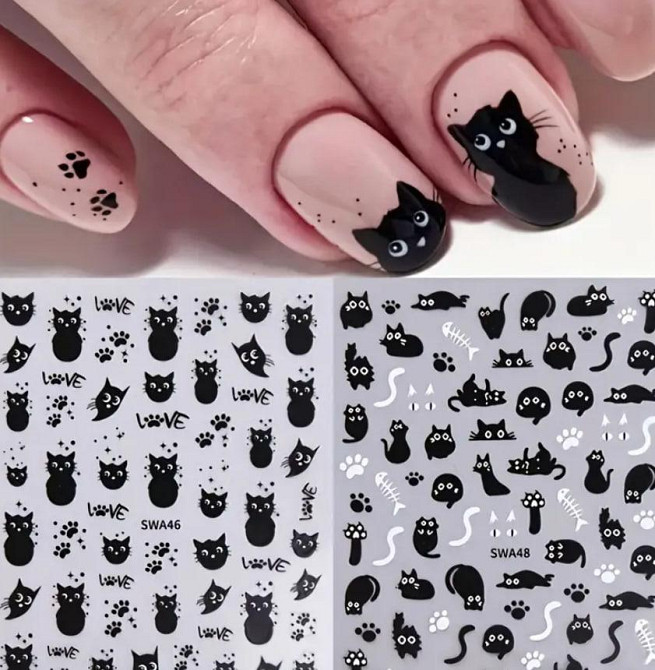 3D наклейки для ногтей «Котики» – чёрные, лист 10×8 см, 2 листа Киев - изображение 5