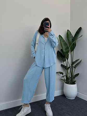 Женский легкий брючный костюм двойка: рубашка и брюки американский креп Голубой, 44/46 Одесса