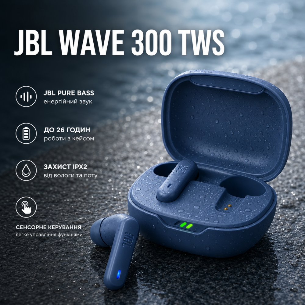 Бездротові навушники JBL Wave 300 TWS Blue Вкладиші Bluetooth навушники з Pure Bass сенсорні Сині Київ - фото 17