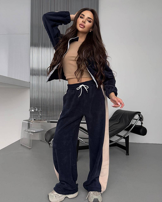 Жіночий теплий повсякденний костюм із лампасами, двобічний фліс Синій Одеса - фото 4