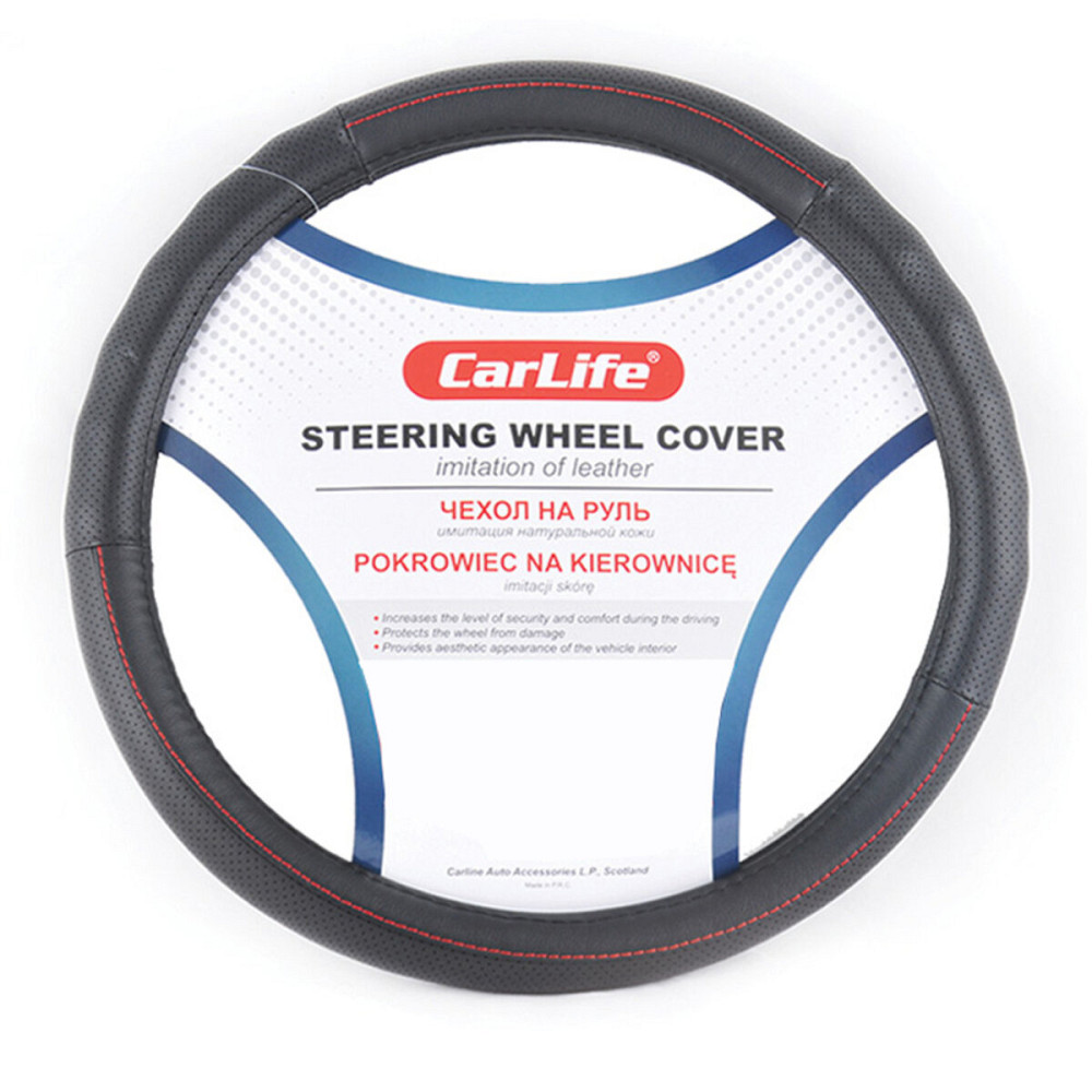 Чохол на кермо Carlife 41-43 см зі штучної шкіри, чорний з червоною ниткою Киев - изображение 1