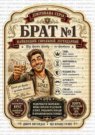 Етикетки на пляшку вина або ігристого для брата “Брат №1” | Прикольний подарунок брату | Комплект етикетка + контретикетка Одеса
