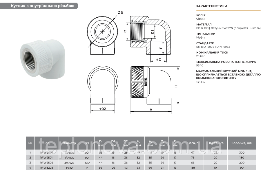 Кутник (Коліно) з різьбою PPR ø20х1/2'В (Поліпропілен) Raftec 20мм 1/2" RFU2001 Чернівці - фото 4