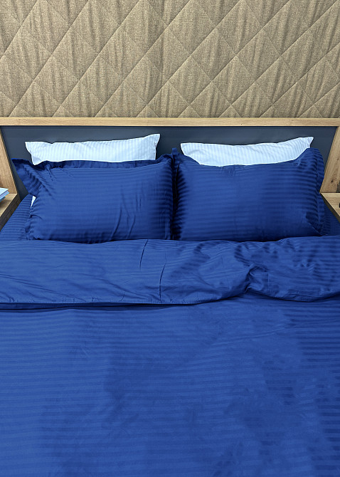 Комплект постельного белья Страйп-сатин Двуспальный 180х220 с простыней на резинке Синий (88-090) Киев - изображение 7