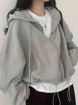Женская укороченная оверсайз худи на молнии с капюшоном двунитка Серый Одесса