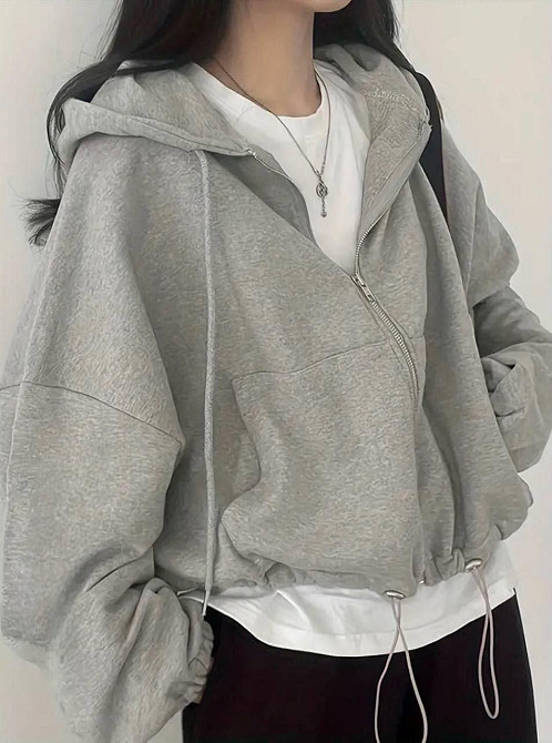 Жіноча укорочена оверсайз худі на блискавці з капюшоном двонитка Сірий Одеса - фото 1