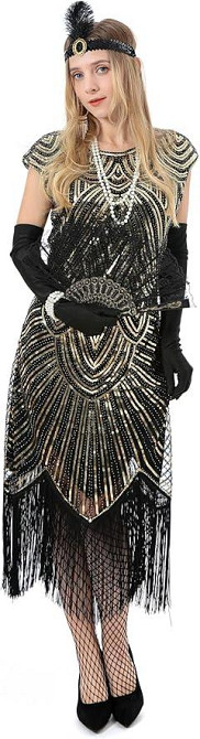 Сукня в стилі 20-х Гетсбі з паєтками бахромою перчатками аксесуарами, жіночий ретро образ для карнавалу, вечірок, Хелловіну Київ - фото 6