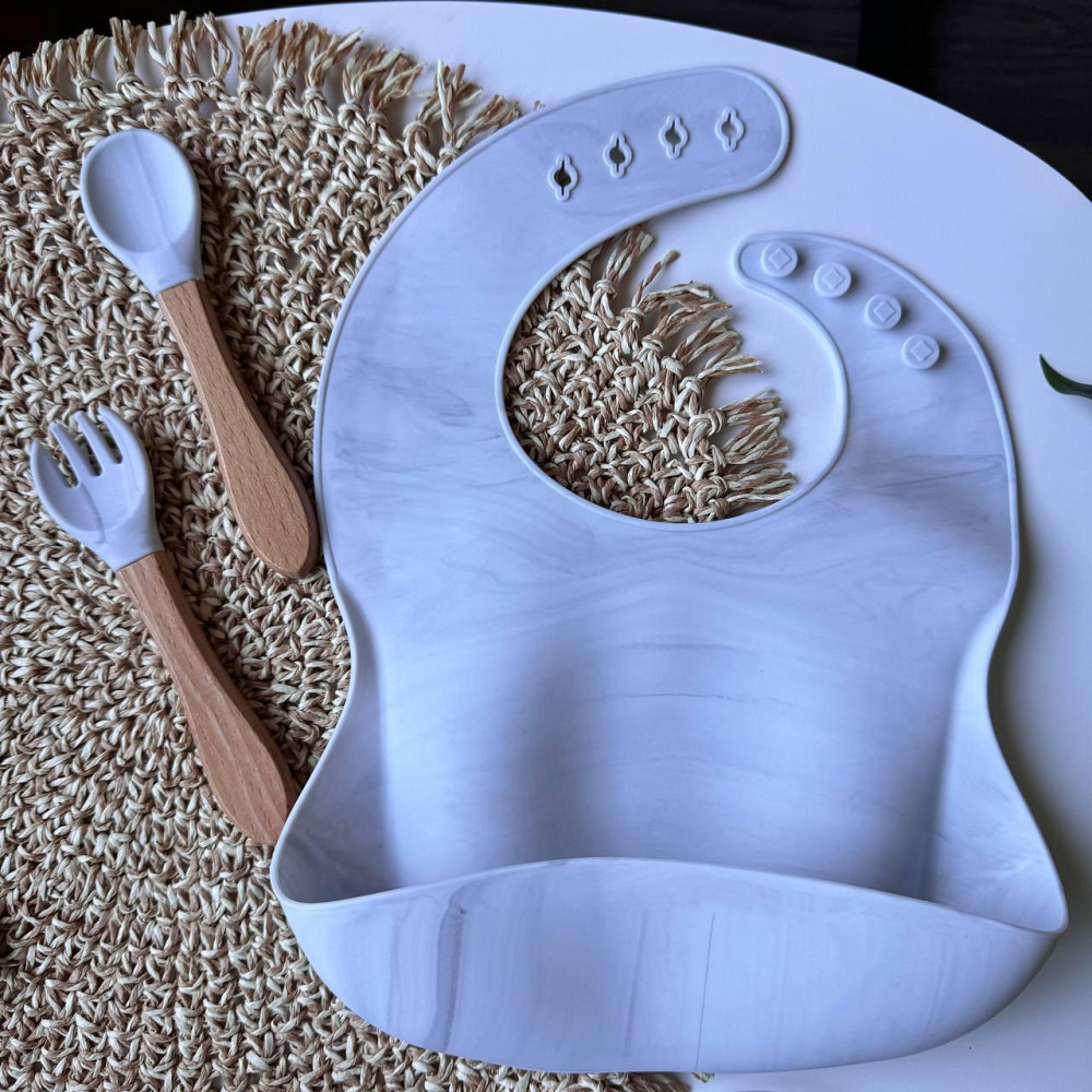 Набор детской силиконовой посуды для детей удобная силиконовая посуда на присосках 9 предметов белый мрамор Киев - изображение 4