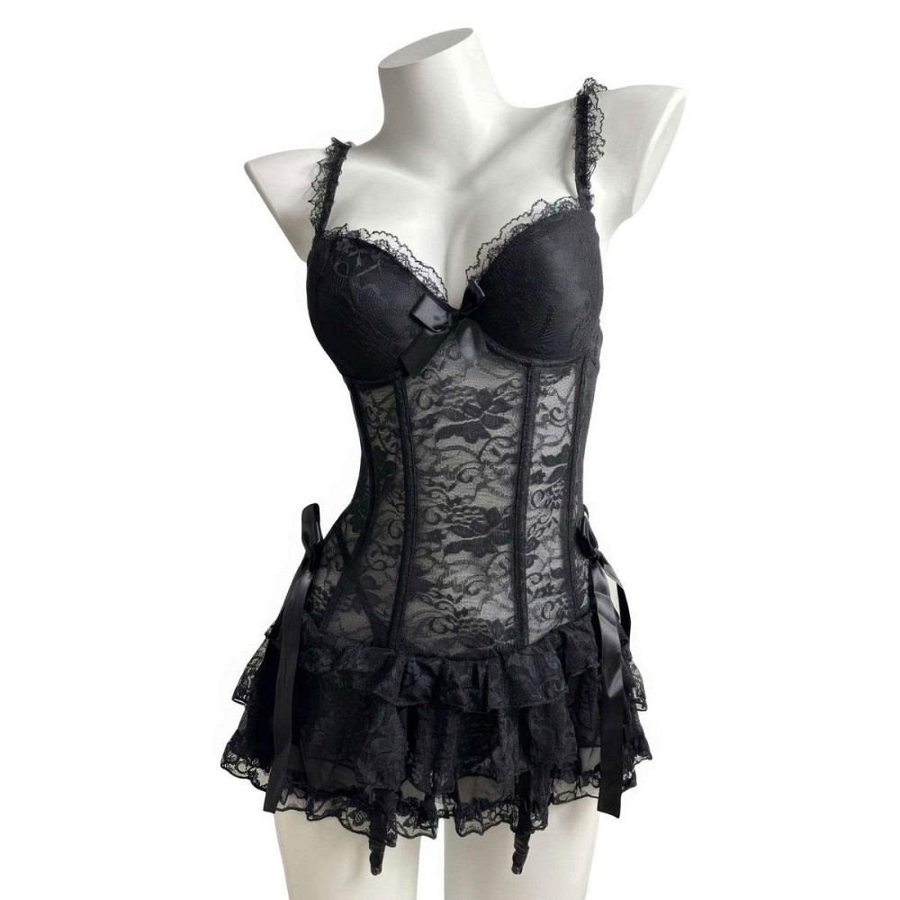 Еротичний комплект пеньюар та стрінги жіночі мереживні з прозорою сіткою XS/S Чорний Вінниця - фото 7