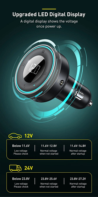 FM трансмітер модулятор Baseus Enjoy Car Wireless MP3 Charger CCLH-01 (Чорний) Миколаїв - фото 7