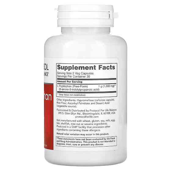 Амінокислота триптофан Protocol for Life Balance L-Tryptophan 500 мг 60 капс Київ
