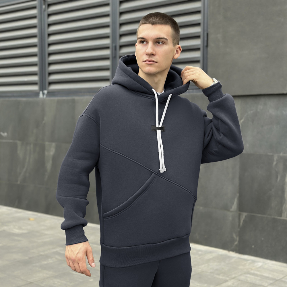 Спортивний костюм чоловічий Pobedov теплий зимовий з капюшоном кофта і штани на манжетах темно-сірий Одеса - фото 4