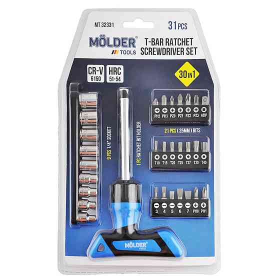 Викрутка Molder Т-подібна реверсивна з комплектом насадок 30в1 Київ