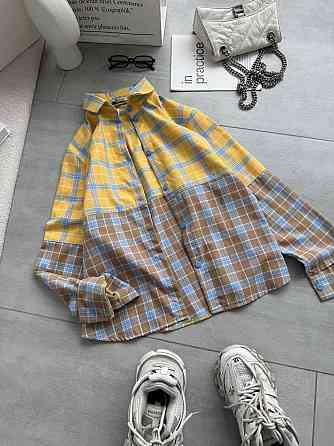 Женская двухцветная оверсайз рубашка в клетку турецкая фланель котон Беж Одесса