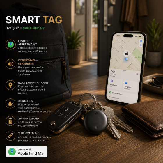 Smart Tag Bluetooth-трекер для ключей, багажа и кошелька, IP68, работает с Apple Find My, беспроводной локатор для iPhone, белый Киев