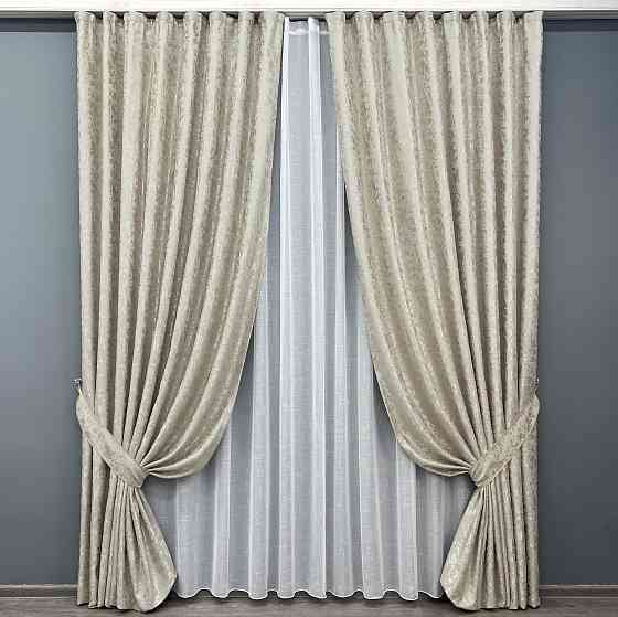 Комплект штор VR-Textil Льон Мармур 150х270 2шт і Тюль 400х270 1272ш-115т Теплий бежевий з білим 71-127/3 Київ