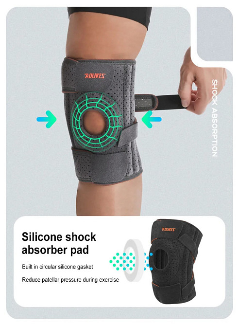 Ортез колінний AOLIKES із металевими пружинними бічними стабілізаторами та силіконовими накладками, регульований 35-62см (сірий) Николаев - изображение 9