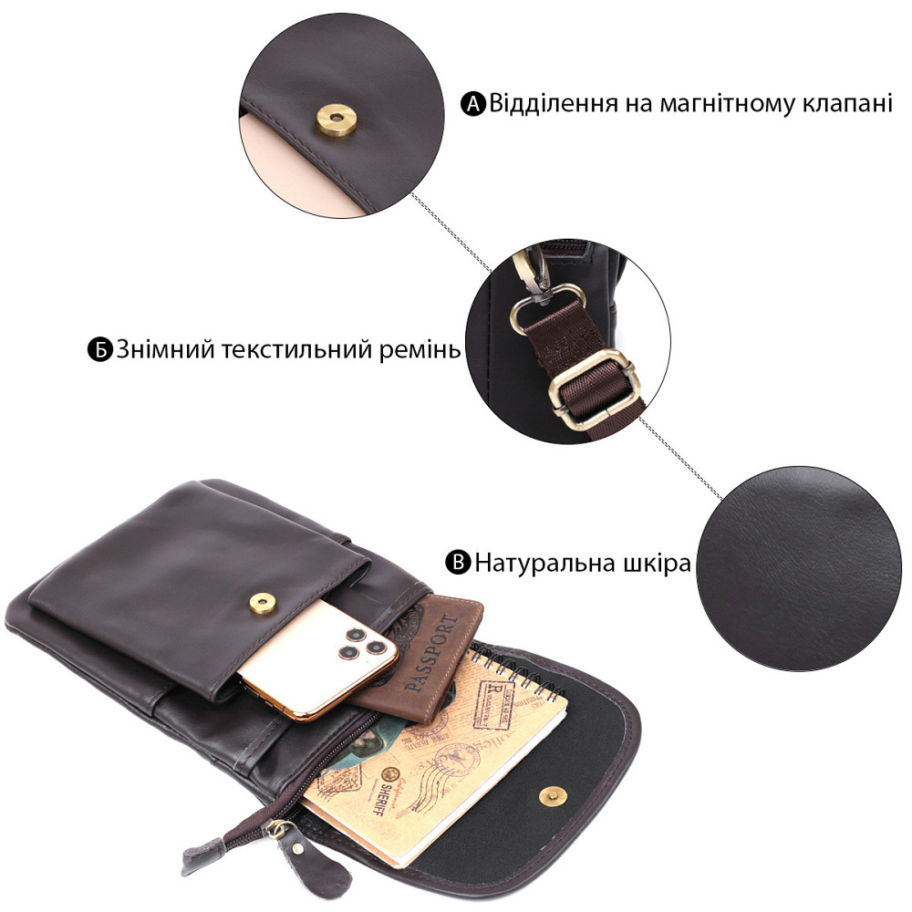 Кожаная компактная мужская сумка через плечо Vintage 20468 Коричневый Киев - изображение 5