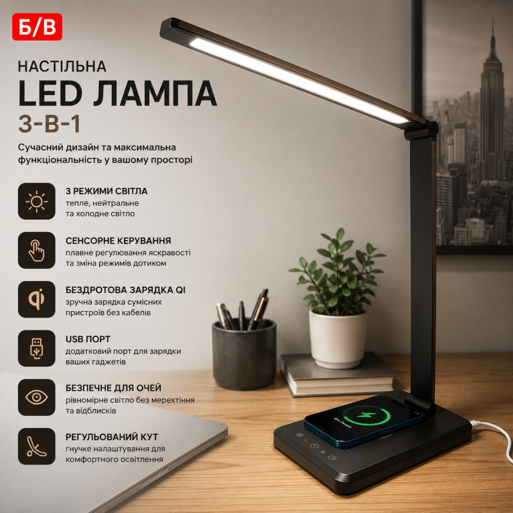 Б/В Настільна LED лампа 3-в-1 з бездротовою Qi зарядкою та USB, 3 режими світла, сенсорне керування, стильний дизайн (Чорно-коричн Київ - фото 8