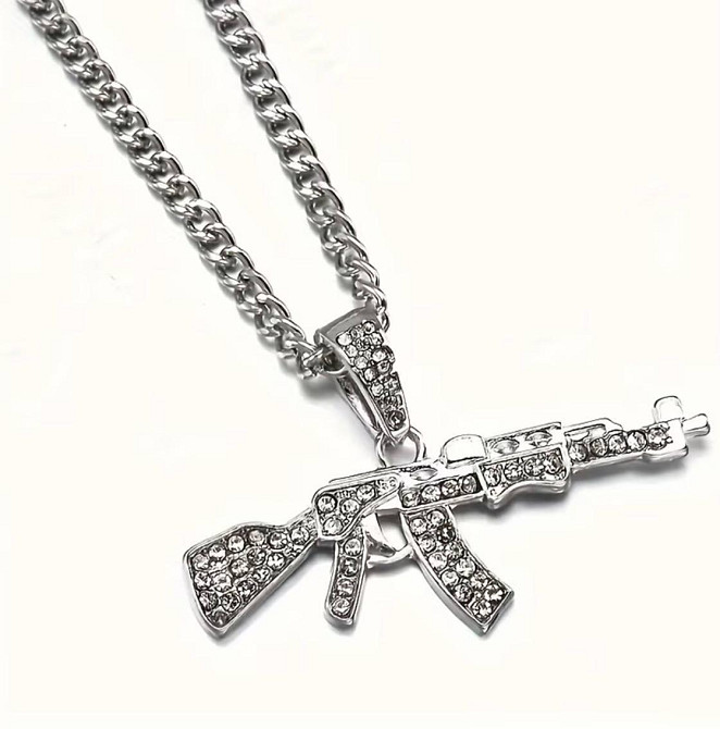 Кулон автомат с кристаллами серебристый мужская цепочка с подвеской оружие ожерелье 45+5 см Киев - изображение 2