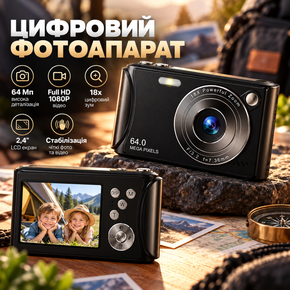 Цифровой фотоаппарат FotuYogo 64 Мп, Full HD 1080P, 18x зум, LCD 2,4