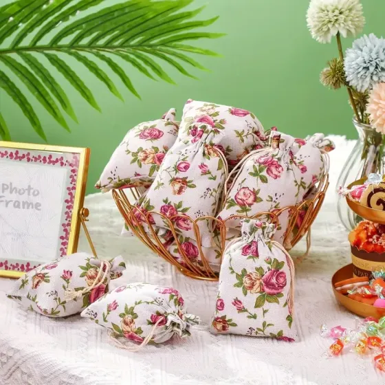 Льняной мешочек с цветочным принтом и шнурком – для украшений, подарков, трав, 1 шт Киев