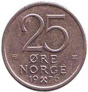 Монета 25 эре. 1976 год, Норвегия.(БД) Полтава