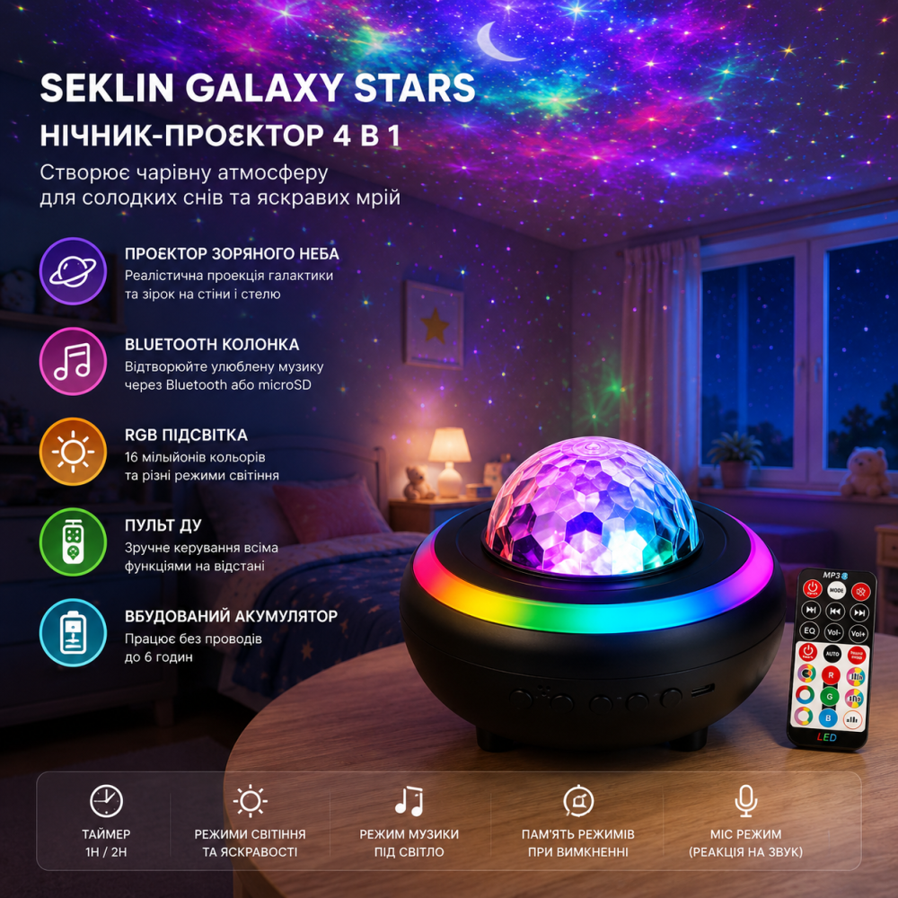 Дитячий нічник-проектор Seklin Galaxy Stars Bluetooth, RGB, музична колонка, пульт ДК, акумуляторний, зоряне небо Київ - фото 4