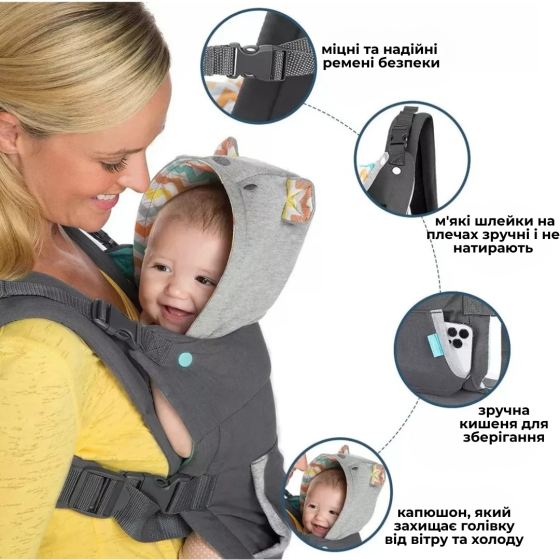 Детский слинг 2в1 эрго рюкзак переноска с капюшоном кенгурушка для детей от рождения цвет Серый Киев