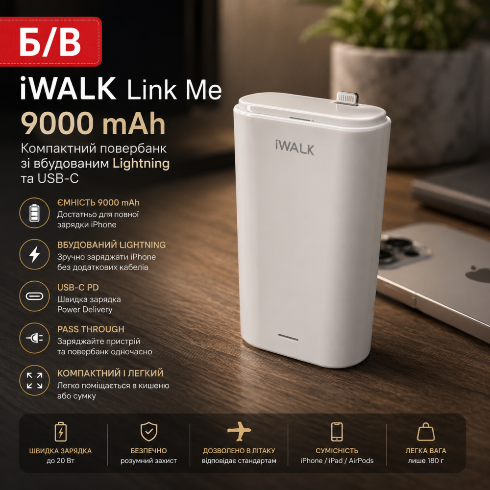 Б/В Повербанк iWALK Link Me 9000 mAh Lightning White, Power Bank для iPhone з USB-C, PD, Pass Through, компактний Київ - фото 6