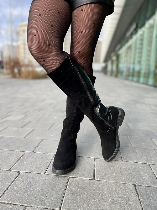 Чоботи жіночі зимові комбіновані натуральна шкіра + замша чорні на низькому ходу 5191 Коломыя - изображение 8