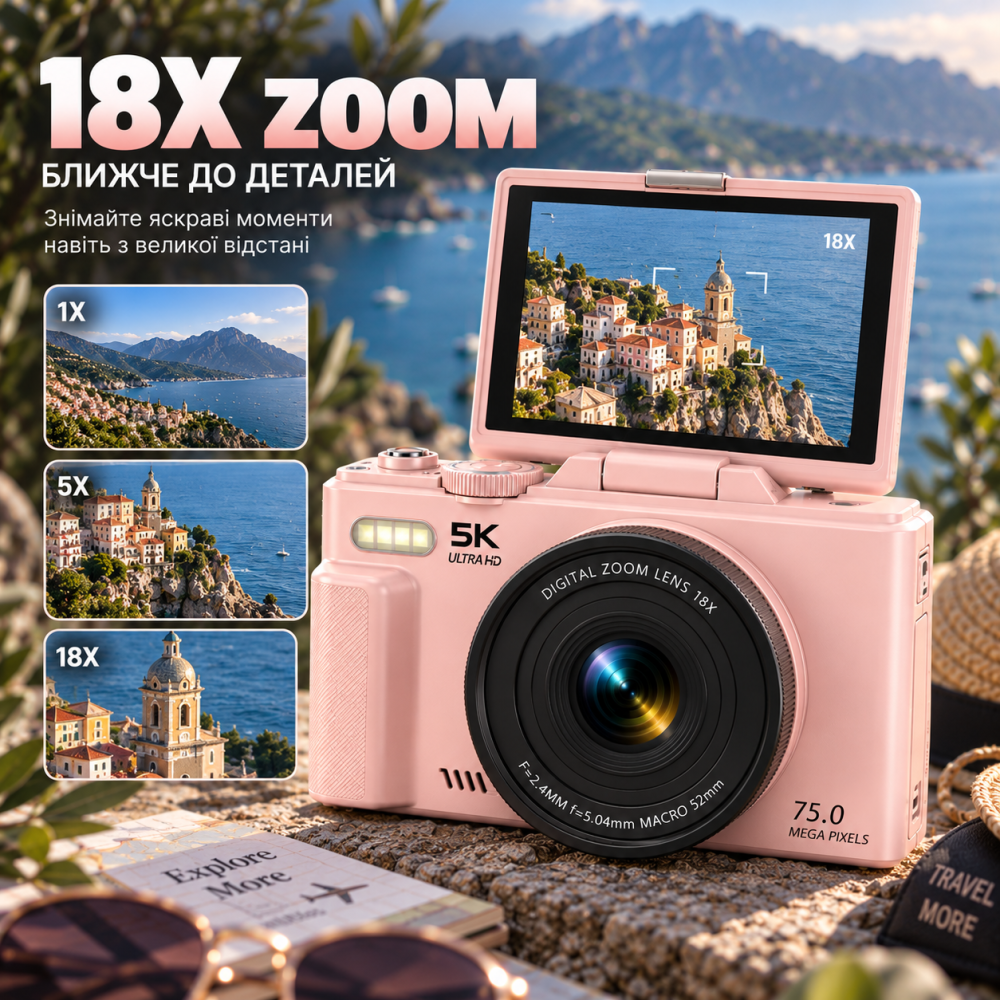 Цифрова камера WD08 5K 75 МП Wi-Fi, 3" поворотний екран 180°, автофокус, 18x Zoom, карта 64 ГБ, біла Київ - фото 4