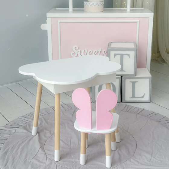 Дитячий стіл Хмарка з нішою та стільчиком Метелик (Білий з рожевим) Київ
