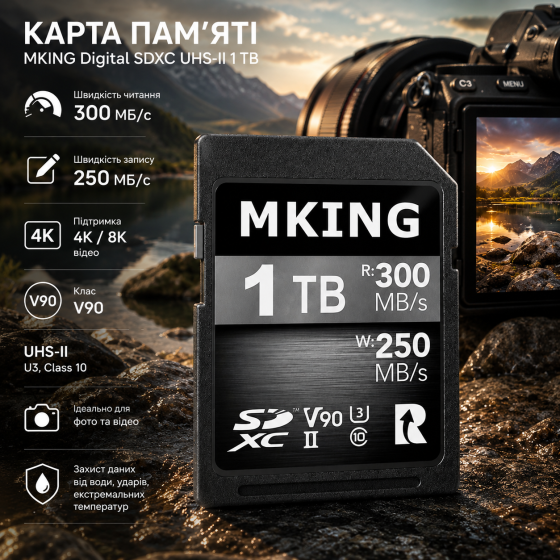 Карта памяти MKING Digital SDXC UHS-II 1 ТБ 1024 ГБ V90, чтение 300 МБ/с, запись 250 МБ/с, для 4K/8K фото и видео Киев