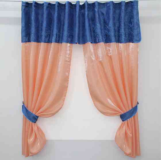 Кухонные шторы VR-Textil № 073к с ламбрекеном и подхватами персиковый с синим 270х170 см (52-0215) Киев