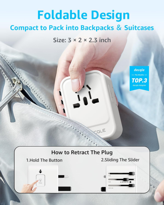Travel Adapter Универсальный дорожный адаптер Decqle Международный переходник розетки 2xUSB-C PD 20W + USB-A для США, ЕС, Британии Киев - изображение 5