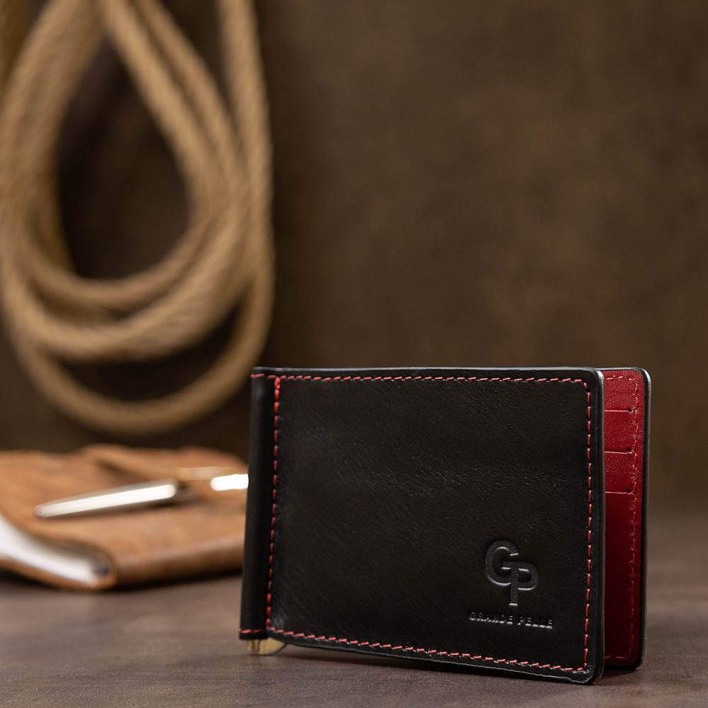 Шкіряний стильний затиск для грошей унісекс GRANDE PELLE 11541 Чорний Київ - фото 4