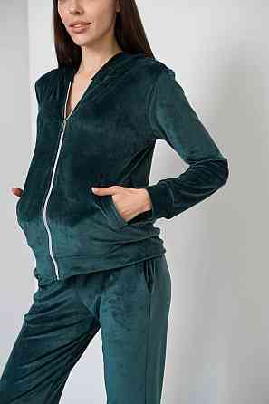 Женский велюровий костюм на змейке с капюшоном Изумрудный S Харьков
