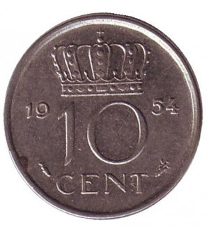 Монета 10 центів. 1954 рік, Нідерланди. Полтава - фото 1