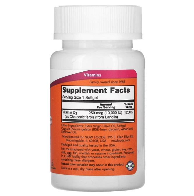Высокоэффективный витамин D-3 NOW VIT D-3 10000 IU 120 softgels Луцк - изображение 2