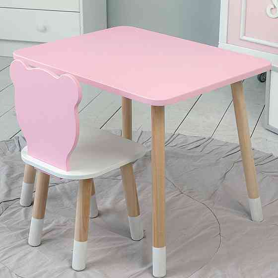 Детский  прямоугольный стол и стульчик ведмежонок с белым сиденьем. Столик розовый детский Киев